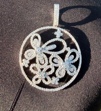 14K White Gold Diamond Butterfly Pendant 1.41ctw Floral Circle 308 Diamonds