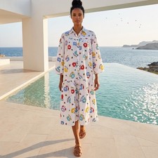 Models Coat Vintage Floral Button Front Midi Dress White Multi Color Tiered L