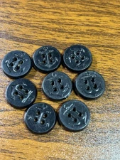 Buttons 8 Black 4-hole with anchor  round plastic vintage 5/8"