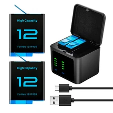 2Pack Hero 12 Battery and Charger Bundle for Gopro Hero 12 11 10 9 Camera Black