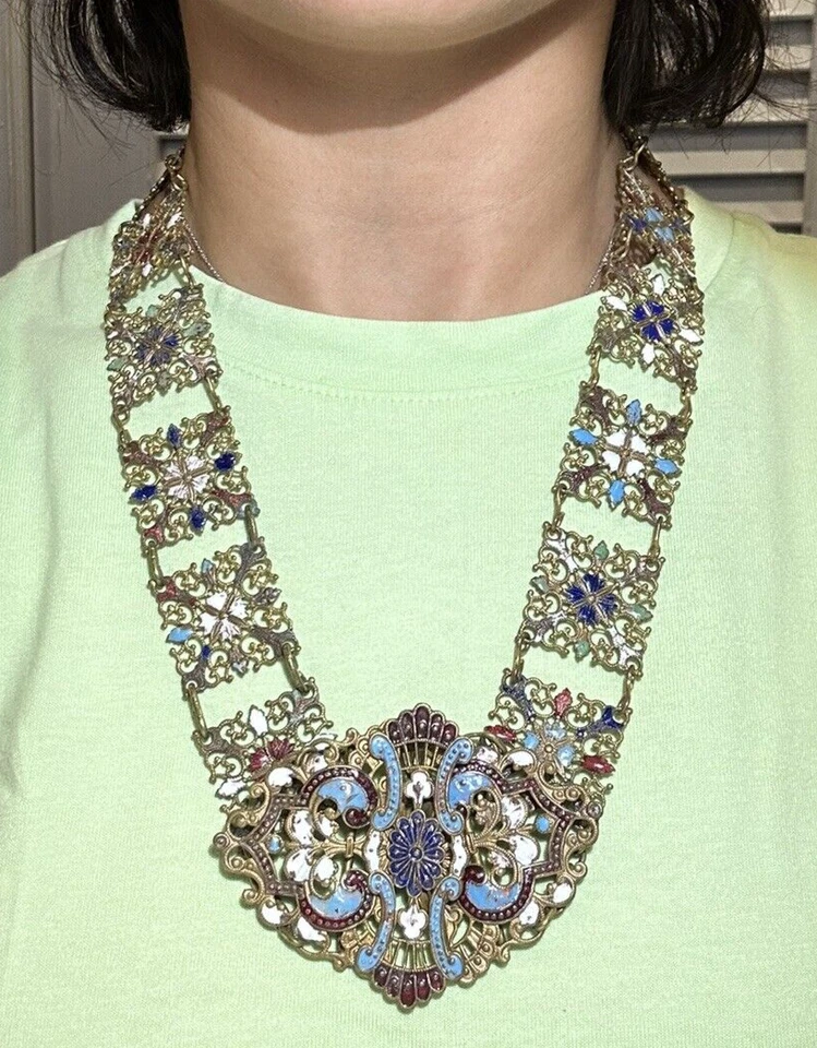 Antique Victorian Blue Red Enamel Gold tone Filigree Buckle 26" Belt Necklace - Image 3 of 4