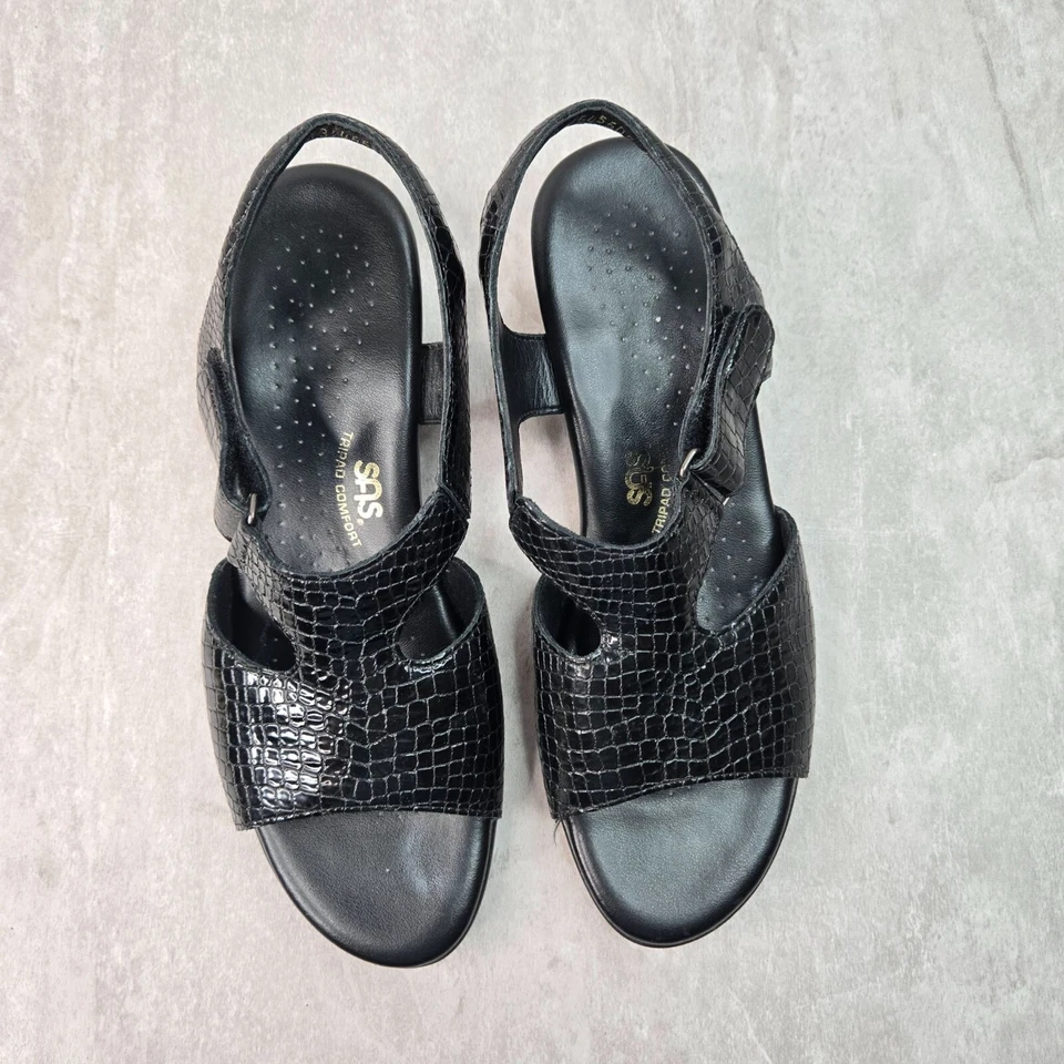 Sas Casual Low Heeled Sandals Sz 10.5 Black Croc Leather Open Toe Comfort Sandal - Image 2 of 4