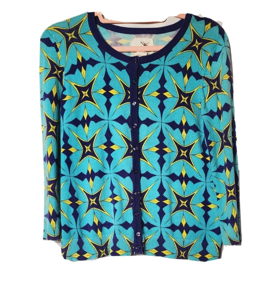 Tabitha Anthropologie Medium Cardigan Sweater top Blue yellow
