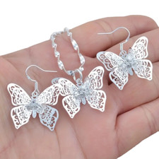 3-Dimensional Hollow Out Butterfly Necklace Pendant  Earrings Set - New