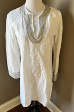 Top tunica donna Emamo in lino bianco con perline argento taglia US 8