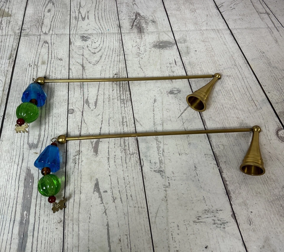 Two’s Company Pair Of Antique Brass Blue & Green Elephant Candle Snuffers 11” - Image 2 of 4