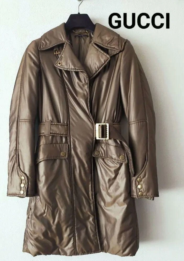 GUCCI trench donna con pelliccia di procione taglia 38 marrone kaki poliestere