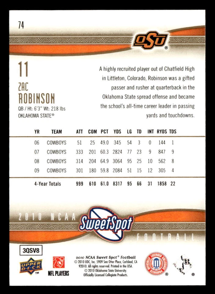 Zac Robinson 2010 Upper Deck NCAA Sweet Spot Card #74 Oklahoma State Cowboys - Image 2 of 2