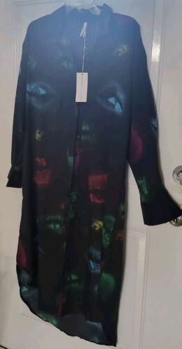 Women Button Down Long Sleeve Shirt Dress Casual Baggy Split Long Maxi Dress"L"
