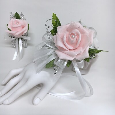 Glamour Single Pink  Foam Rose on White with Silver Trim Prom Corsage  Combo