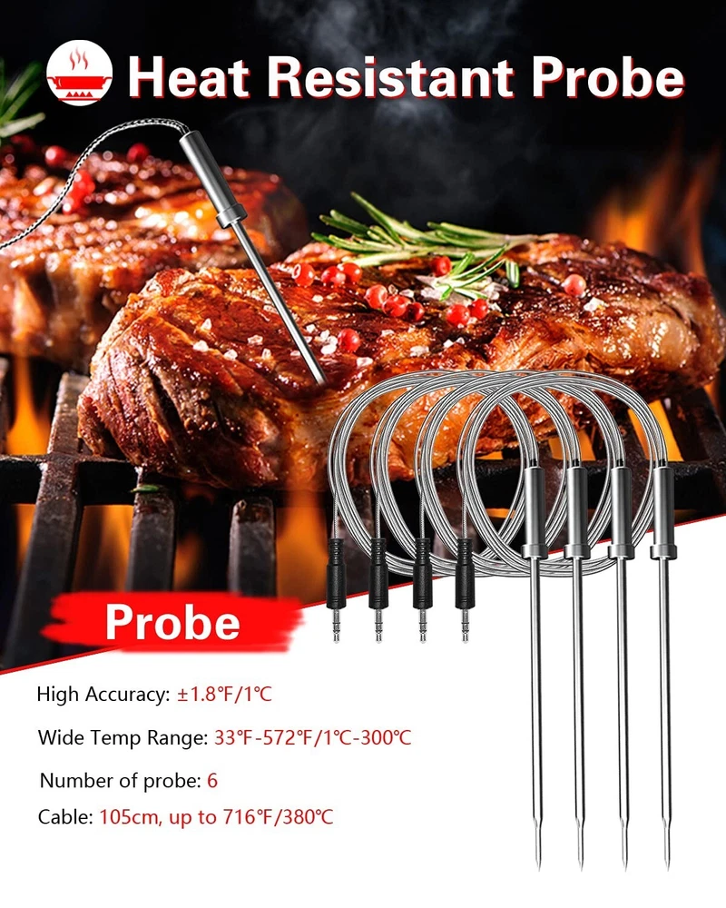 Digital Meat Thermometer Wireless - 6 Probes, Alarm Function, Kitchen Essential Digital Meat Thermometer Wireless - 6 Probes, Alarm Function, Kitchen Essential