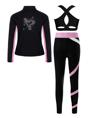 Kids Girls Sweatshirt +Leggings+Vest Gymnastics Figure Skating Outfit Workout - Picture 27 of 53