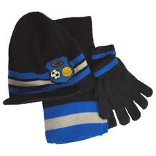 Boys 3PC Beanie Scarf  Gloves Set Blue Striped Knit Winter Stocking Cap Hat
