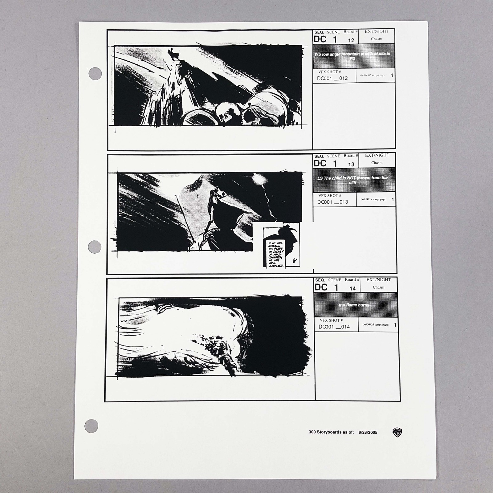 300 Production Used Storyboard, Child Spared at Chasm Cliff Edge, COA