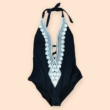 Kona Sol Black One-Piece Swimsuit with White Crochet Knit Trim Women s Medium