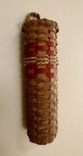 Small Vintage Hand Woven  Initialed Hanging Flower Wall Basket Natural Wicker