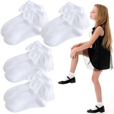 4 Pairs Girls Ruffle Socks - White Lace Frilly Ruffled Princess Dress Socks f...