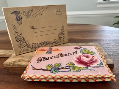 1940s Keepsake Sweetheart Satin Stockings holder, Pillow cover, hankie NYC