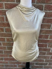 RM by Rebecca Minkoff Women's M Mock Neck Gold Metallic Sleeveless Blouse Ruched