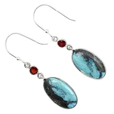 Natural Turquoise Morenci Mine & Garnet 925 Silver Earrings Jewelry E-1002