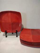 6 Tabletops Unlimited Quadrettini Red Square Dinner Plates Set Christmas Heavy 