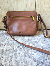 Fossil Brown Small Crossbody Bag Zip Closure Key Charm Inner Pockets Lined 8"