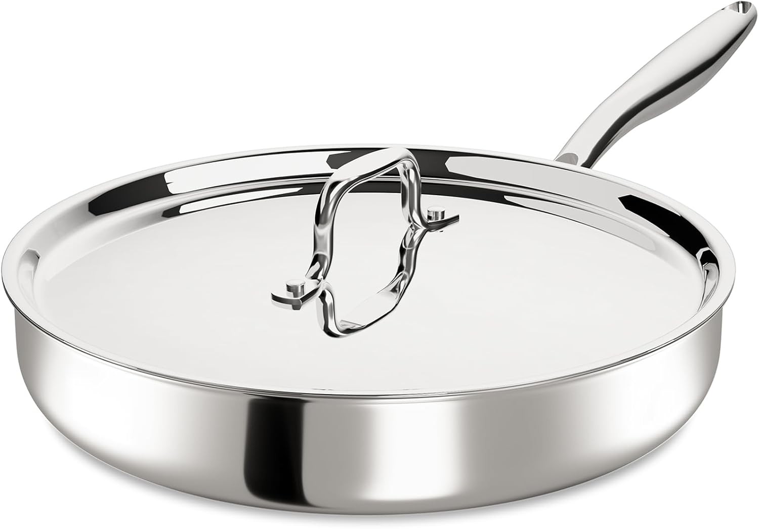 12 Inch Tri-Ply Stainless Steel Frying Pan, Frying Pan with Lid, PFOA/PTFE Free 