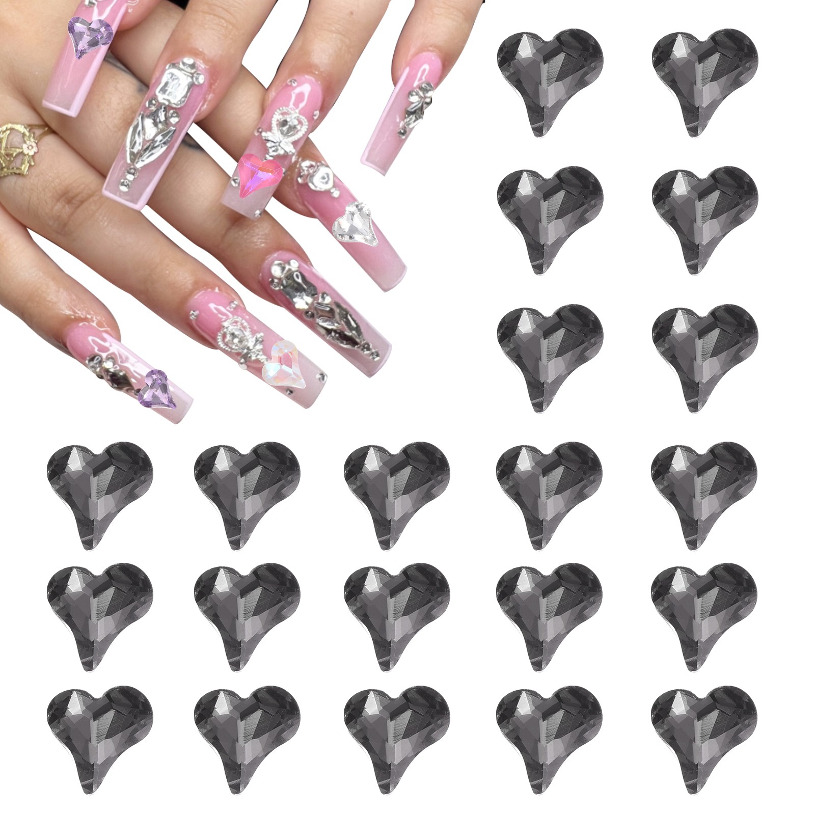 20 Piezas Corazón Uñas Dije Cristales 8x9mm Corazón Uñas Gemas, Gris