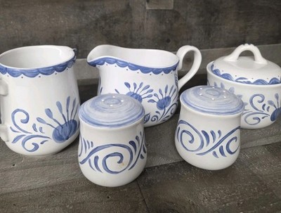 Corelle Coordinates Stoneware 5pc Set. Sugar, Creamer, Gravy, S&P. Blue/White