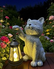 Garden Statues Outdoor Garden Decor: Cat Statue with Solar Lantern for Yard A...