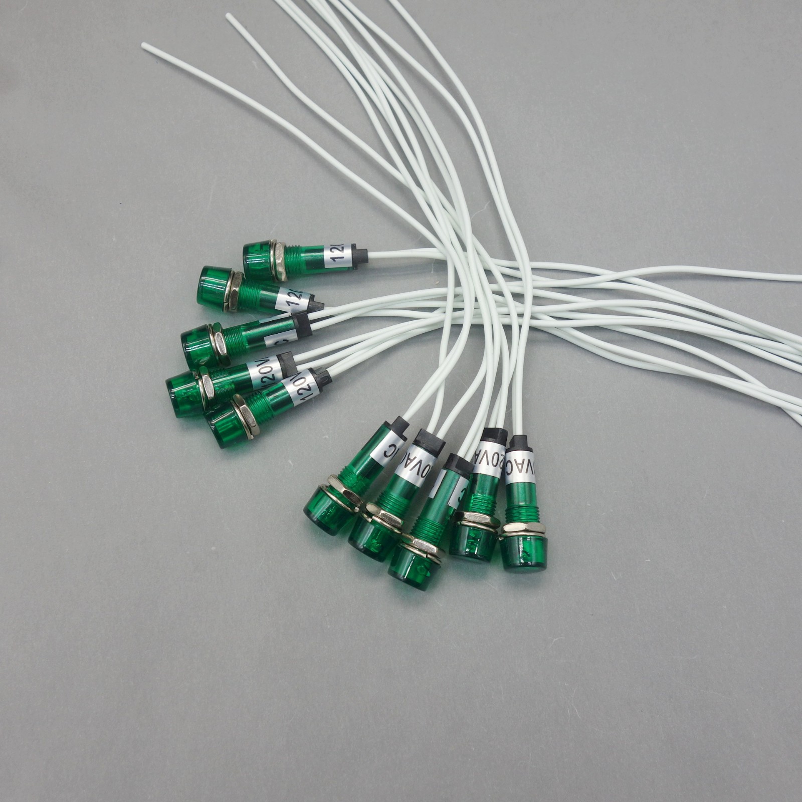 10Pcs 120V AC 10mm Green Mini LED Pilot Lights CYLINDRICAL Cap with wire