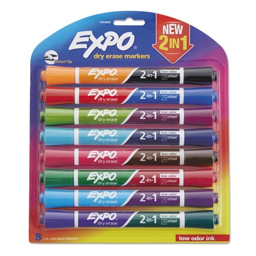 Expo 2-in-1 Dry Erase Markers, Fine/Broad Chisel Tips, Assorted Colors, 8/Pack