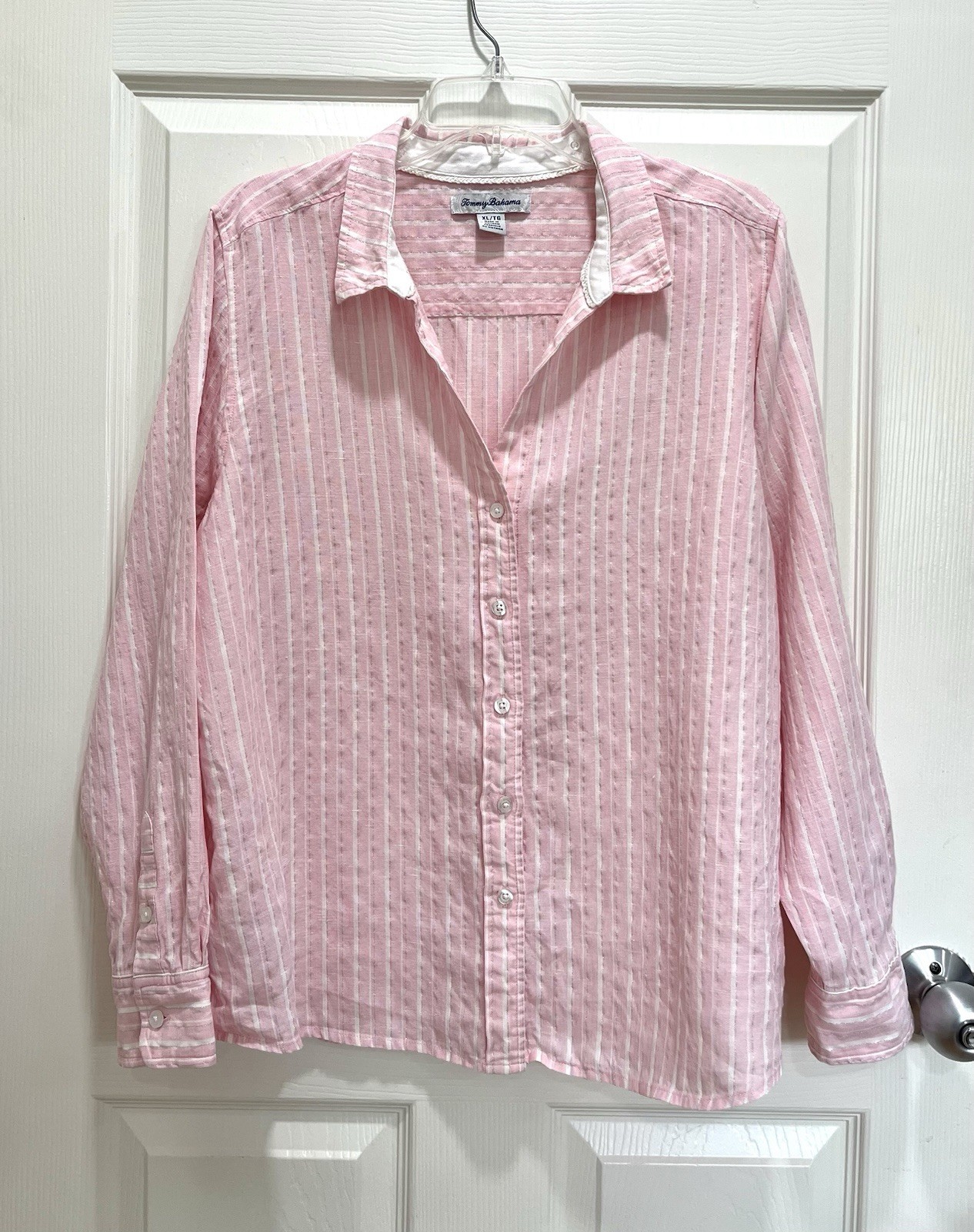 TOMMY BAHAMA Womens XL Linen Button Up Shirt Pink White Stripe Metallic Thread