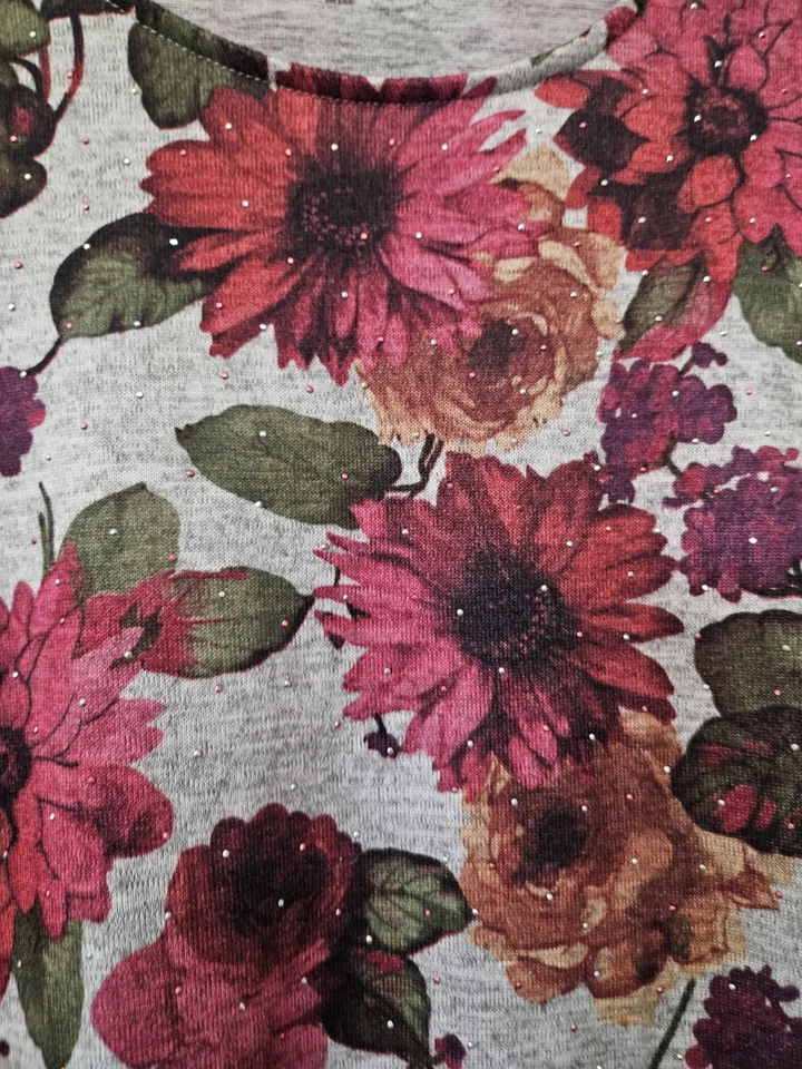 Croft & Barrow Mujer 2X Camisa Top Floral Gris Rosa Manga 3/4 Blusa Suave Foto 4 de 4