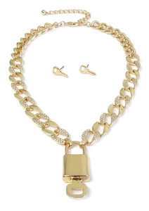 Authentic Lock and Key Pendant Necklace Earrings Women Gold Plated Crystal Cuban Chain
