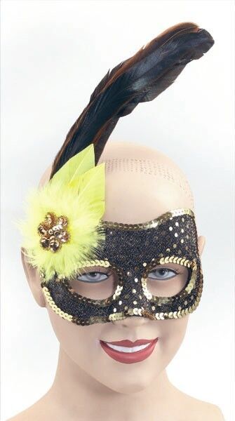 Sequin Side Feather Eye Mask (Gold & Black) Fancy Dress Masquerade Ball