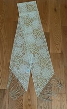 Vintage Polyester Rayon Rose Floral White Gold Long Scarf Made in Japan