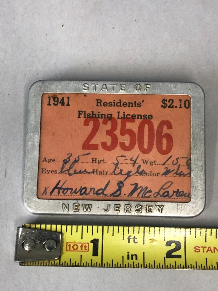 State of New Jersey Residents Fishing License Aluminum frame Pin on Badge 1941 - Image 2 of 4
