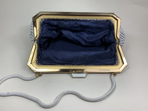 Vintage Well Loved 1960s White Glomesh Handbag Cobra Chain Strap Blue Lining - Picture 18 of 20
