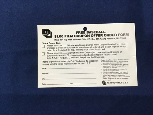 1987 Mickey Mantle Fuji Mail-in Coupon Offer E7366 - Picture 3 of 11