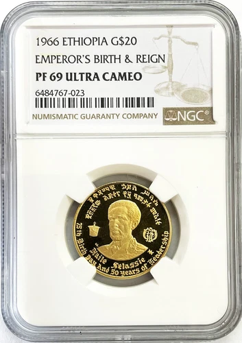 1966 GOLD ETHIOPIA $20 HAILE SELASSIE 1 BIRTH & REIGN NGC PROOF 69 ULTRA CAMEO