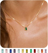 14K Gold Plated Emerald Necklace, CZ Birthstone Pendant Jewelry Gift for Women