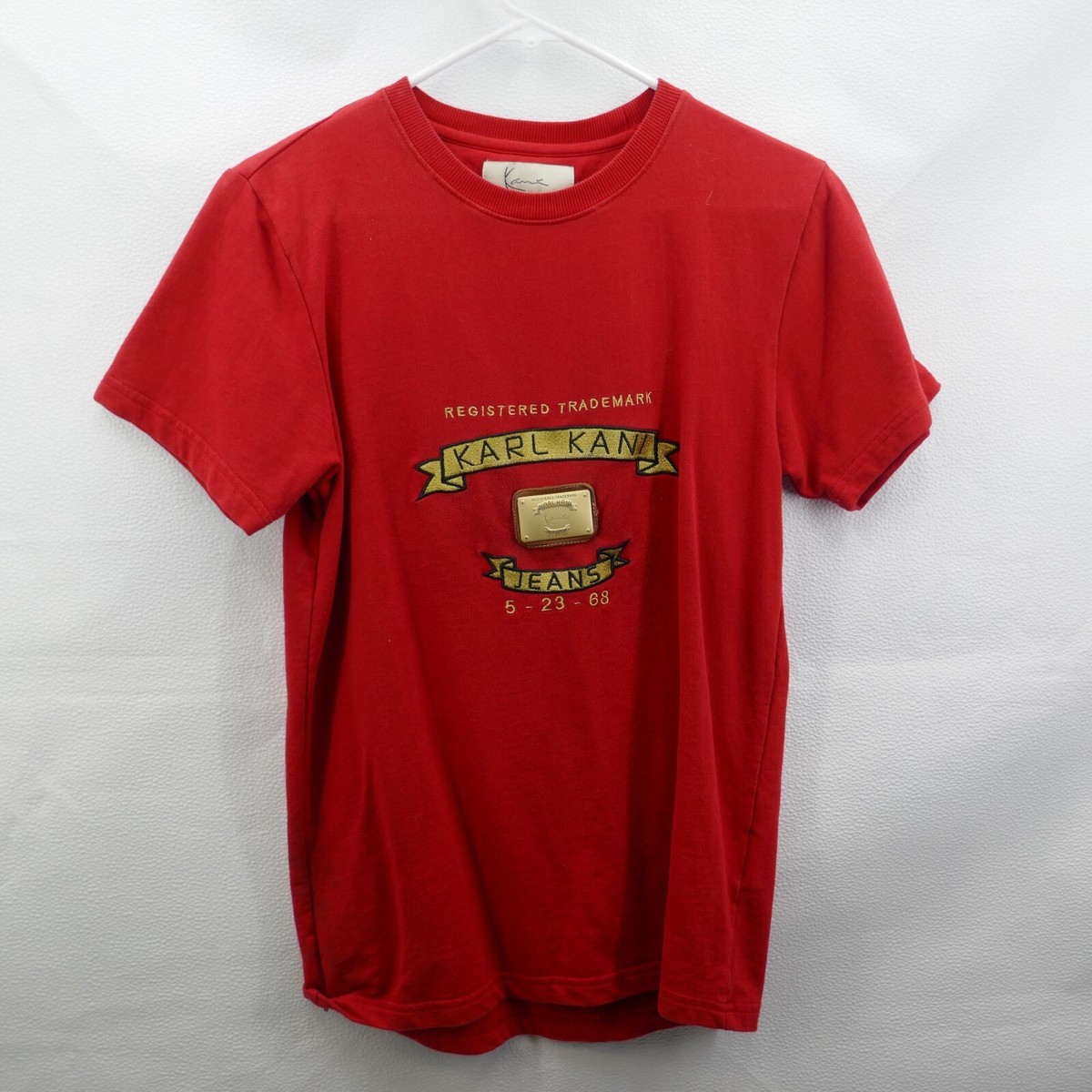 専用出品 94s Karl Kani Plate Script Shirt Vintage 90s Karl Kani Red Short Sleeve Metal Plate Shirt Men's
