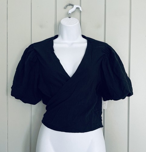 NWT Altar’d State Crop Top XXL 2XL Black Wrap Puff Sleeve V-Neck New Linen Blend