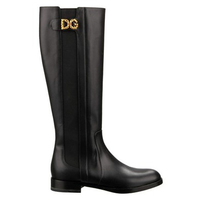 DOLCE & GABBANA DG AMORE Gold Perlen Logo Leder Stiefel Boots RODEO Schwarz 