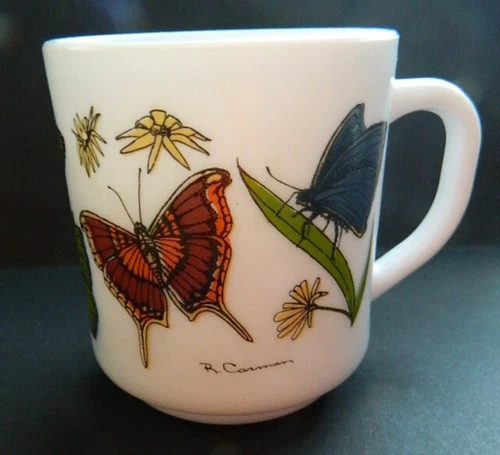Vintage Milk Glass Butterfly Mug, R Carmen, Arcopal FRANCE