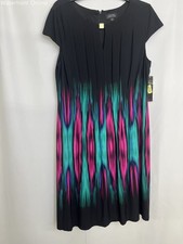 Tahari Arthur S Levine Kris Black Fuchsia Teal Abstract Shift Dress Women 14 NWT