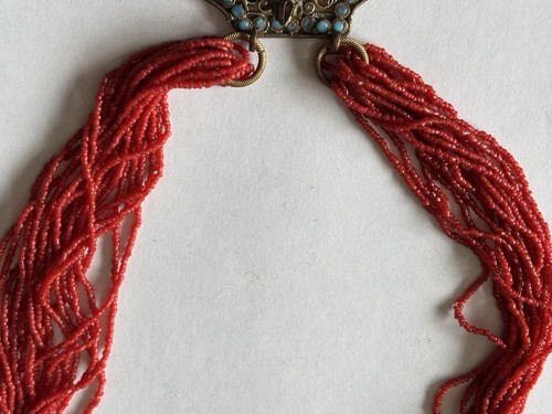 Tibetische Figur Messing Koralle & Türkis Vintage Halskette mehrere rote Stränge - Bild 11 von 12