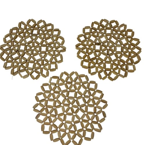 Vintage Wooden Trivet Set 3 Mid Century Boho Hot Pad Table Mats Floral Decor - product listing photo