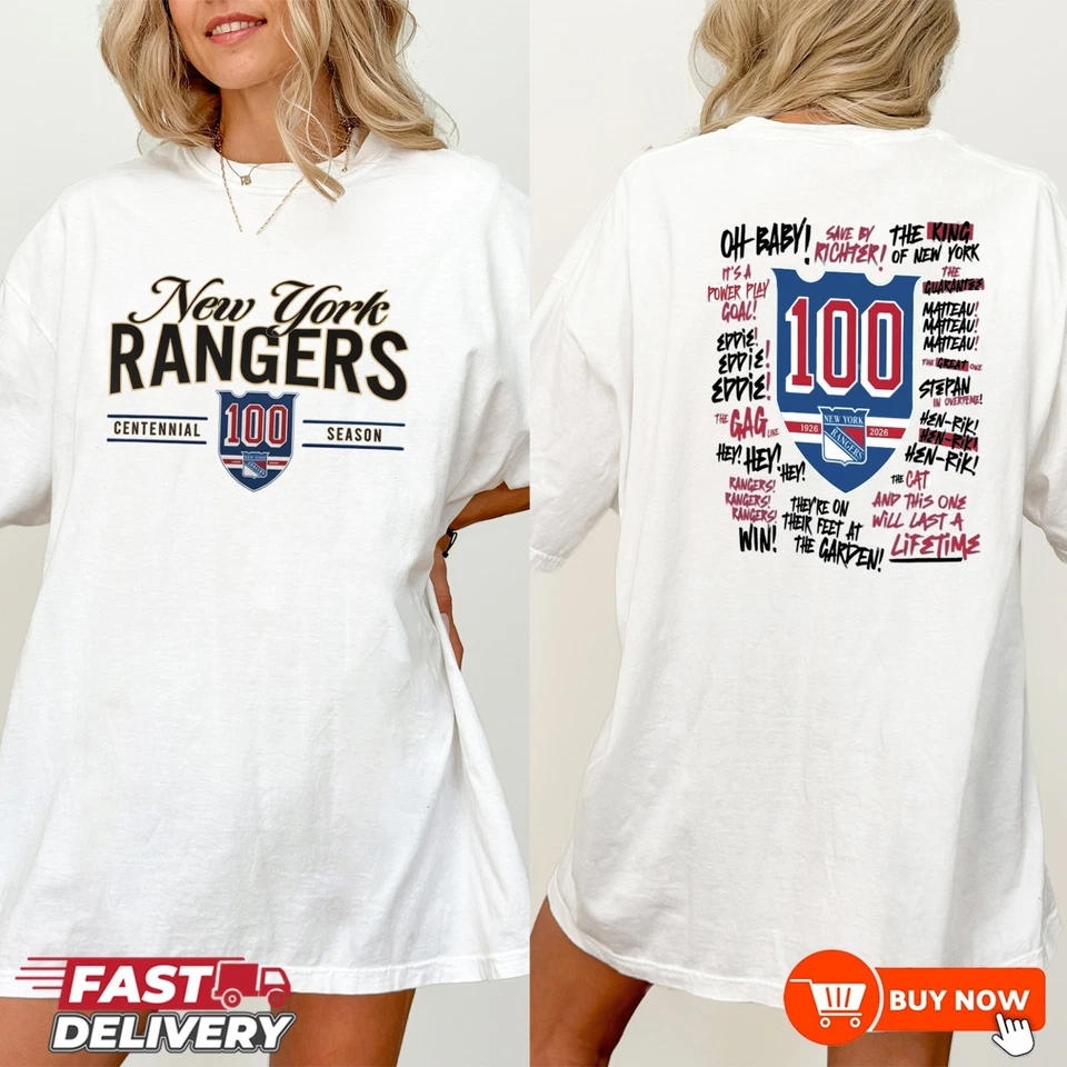 New York Rangers 100th Anniversary 1926-2026 NHL TShirt - Full Color, Full Size - Image 4 of 4